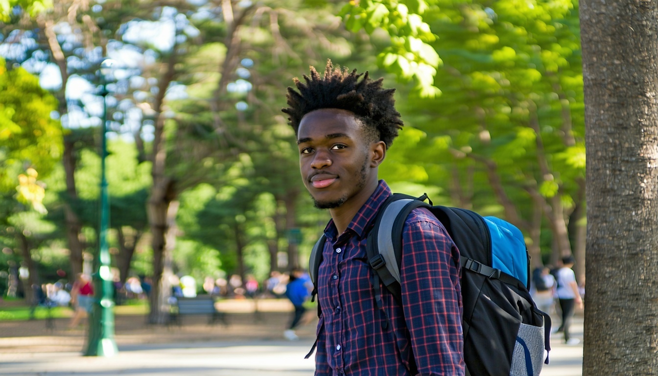 african american high school student outside in a park preparing for college on the left of the picture